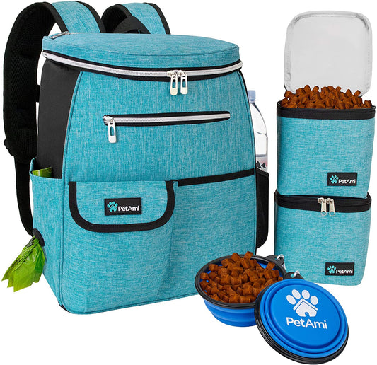 Dog Travel Bag Backpack, Airline Approved Dog Bags for Traveling, Puppy Diaper Bag Supplies, Pet Camping Essentials Hiking Accessories Dog Mom Gift, Food Container, Collapsible Bowls, Teal Blue