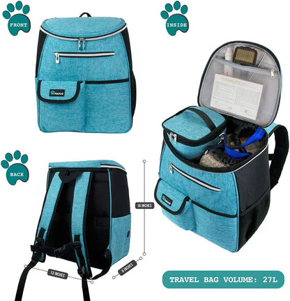 Dog Travel Bag Backpack, Airline Approved Dog Bags for Traveling, Puppy Diaper Bag Supplies, Pet Camping Essentials Hiking Accessories Dog Mom Gift, Food Container, Collapsible Bowls, Teal Blue