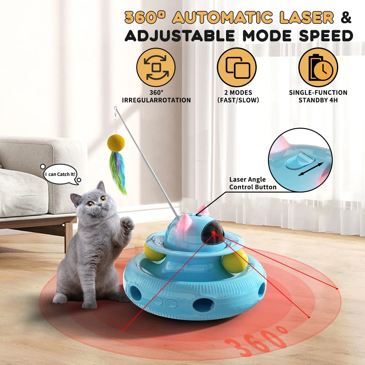 4 in 1 Interactive Cat Toys with USB Rechargeable,Smart Cat Feather Wand for Indoor Cats with Red Beam,Smart Interactive Electronic Exercise Kitten Toys,Exercise Cat Wand,Indoor Exercise Cat Kicker