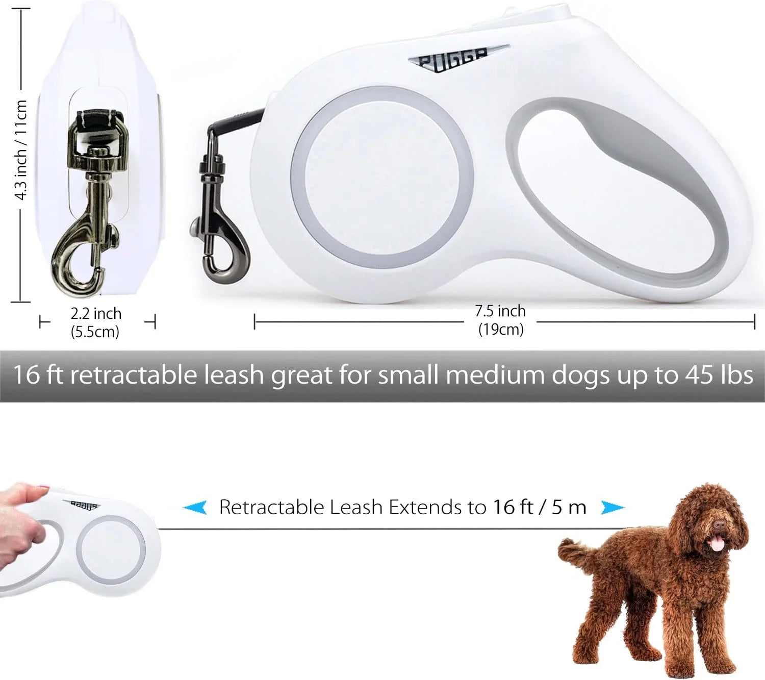 Dog Leash with LED Light for Night Walks, 16FT Rechargeable Dog Walking Leash with , 360° Tangle-Free, One-Button Control, Ergonomic Handle for Small Medium Dogs up to 55Lbs(White)