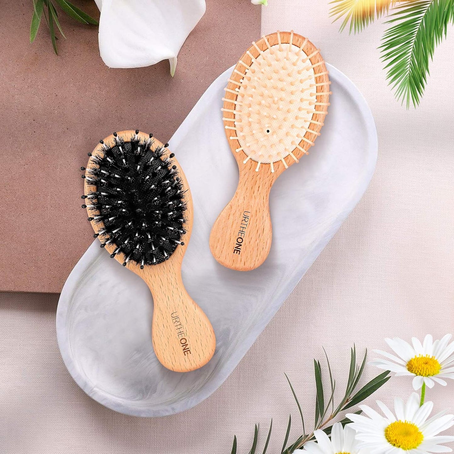 2Pcs Hair Brush Mini Boar Bristle Hairbrush and Detangling Brush for Thick Curly Thin Long Short Wet or Dry Hair Detangle Massage Add Shine