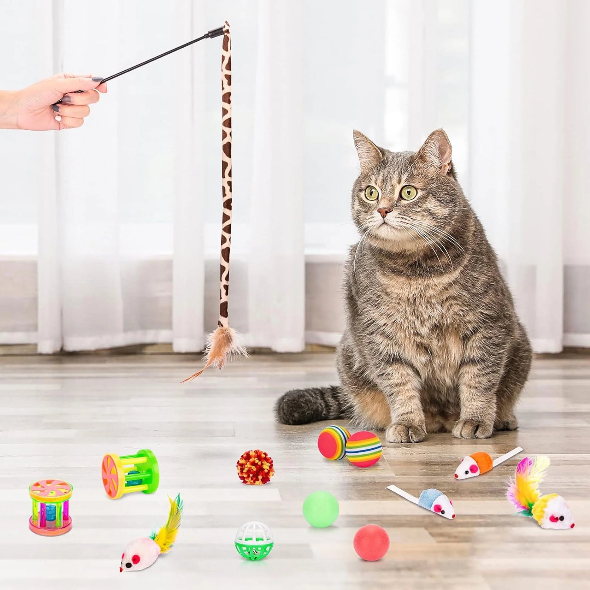 21PCS Cat Toys Kitten Toys Combination Tunnel Interactive Grayish Blue 2 Way Cat Toys Cat Tunnel Tease Cat Stick Colorful Mouse Plush Ball Bell Ball for Cats