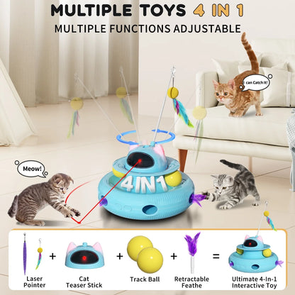 4 in 1 Interactive Cat Toys with USB Rechargeable,Smart Cat Feather Wand for Indoor Cats with Red Beam,Smart Interactive Electronic Exercise Kitten Toys,Exercise Cat Wand,Indoor Exercise Cat Kicker